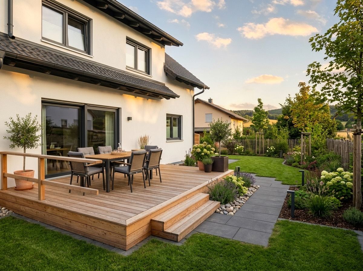 Neu gebaute Holzterrasse mit angelegtem Garten